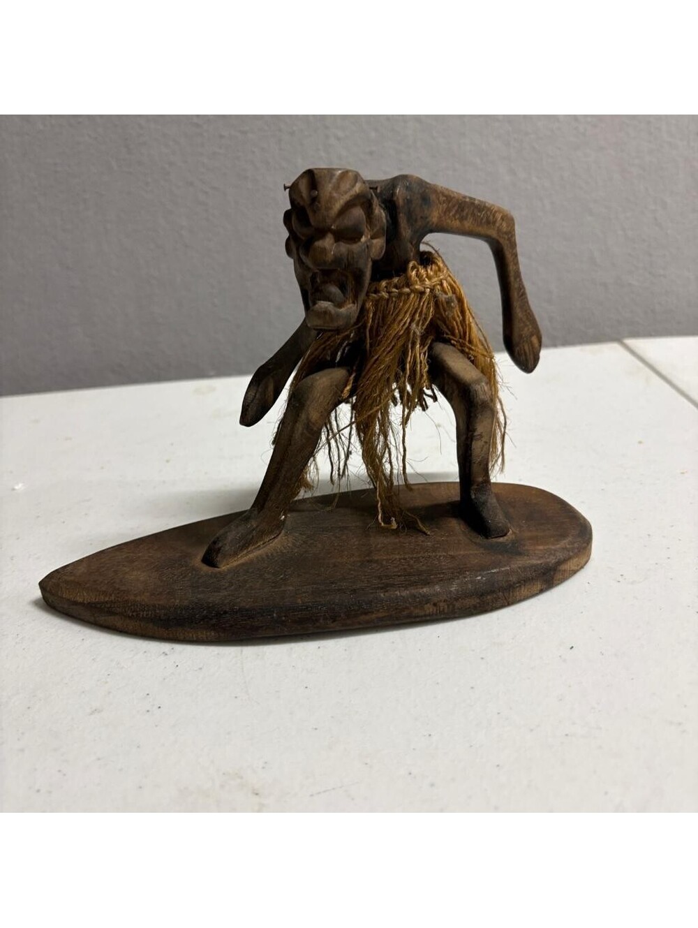 Vintage Hand Carved Wood Surfing Tiki Figure Hawaiian Folk Art Grass Skirt 6in